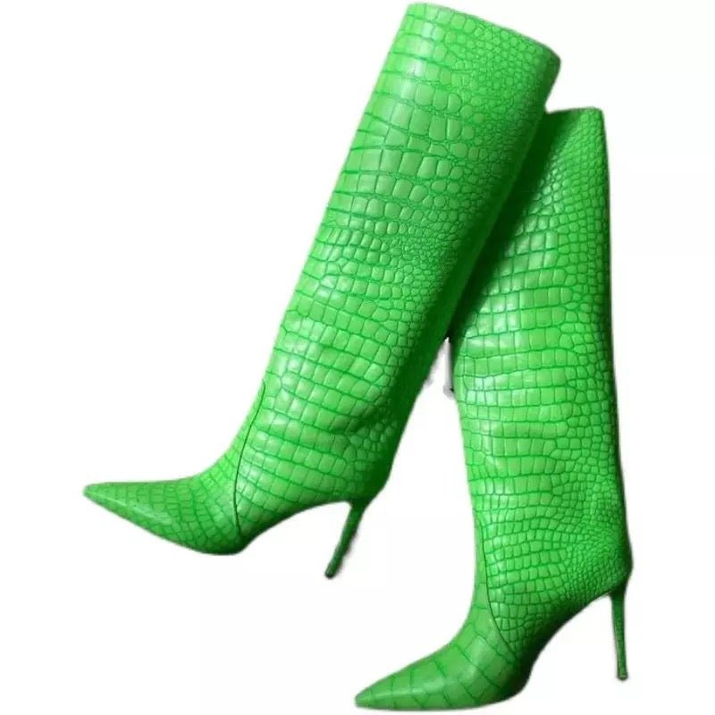 Croc-Embossed Knee-High Boots | Bold Colours | Pointed Toe | Statement Style