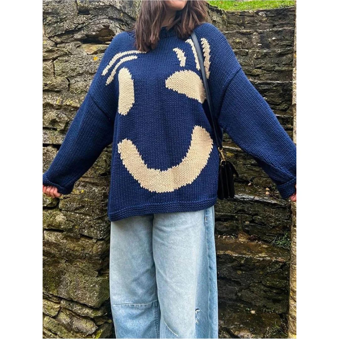 Oversized Knit Sweater | Abstract Face Embroidery | Art-Inspired Statement Pullover