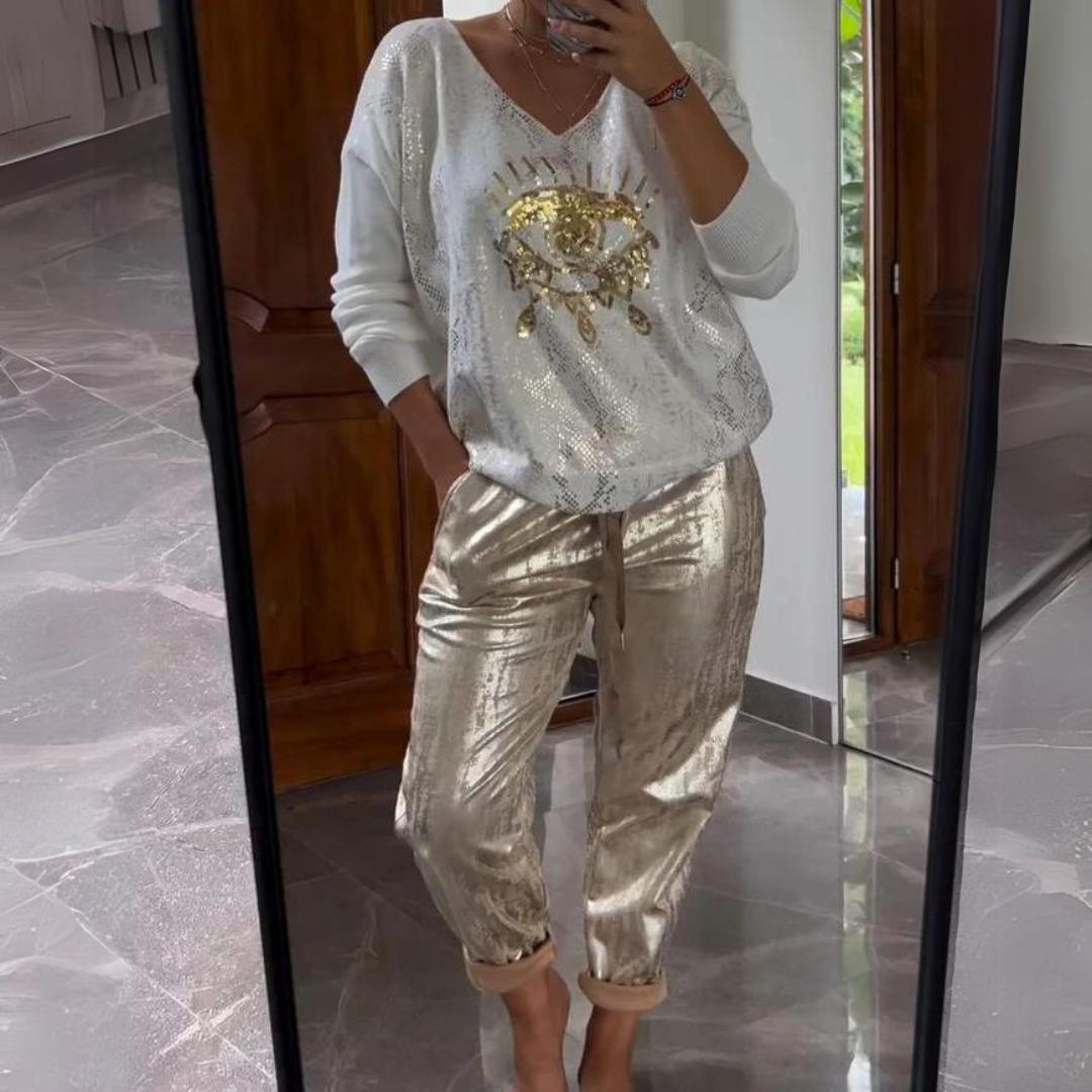 Metallic Gold Jogger Pants | Shiny Relaxed-Fit Trousers | Statement Lounge-to-Street Style