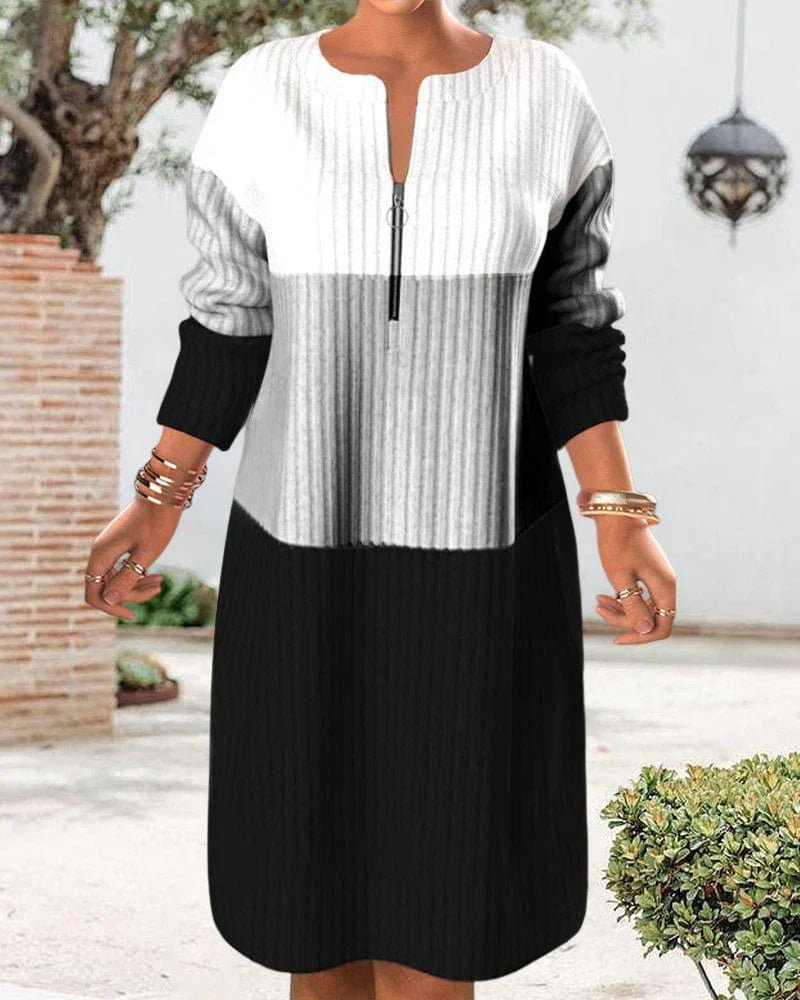 Colourblock Ribbed Knit Sweater Dress | Long Sleeve | Zip Neckline