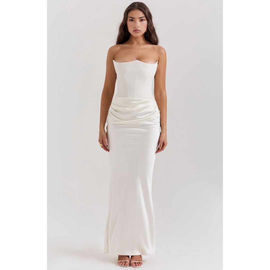 Strapless Satin Gown | Corset Bodice & Draped Skirt | Formal Evening Dress