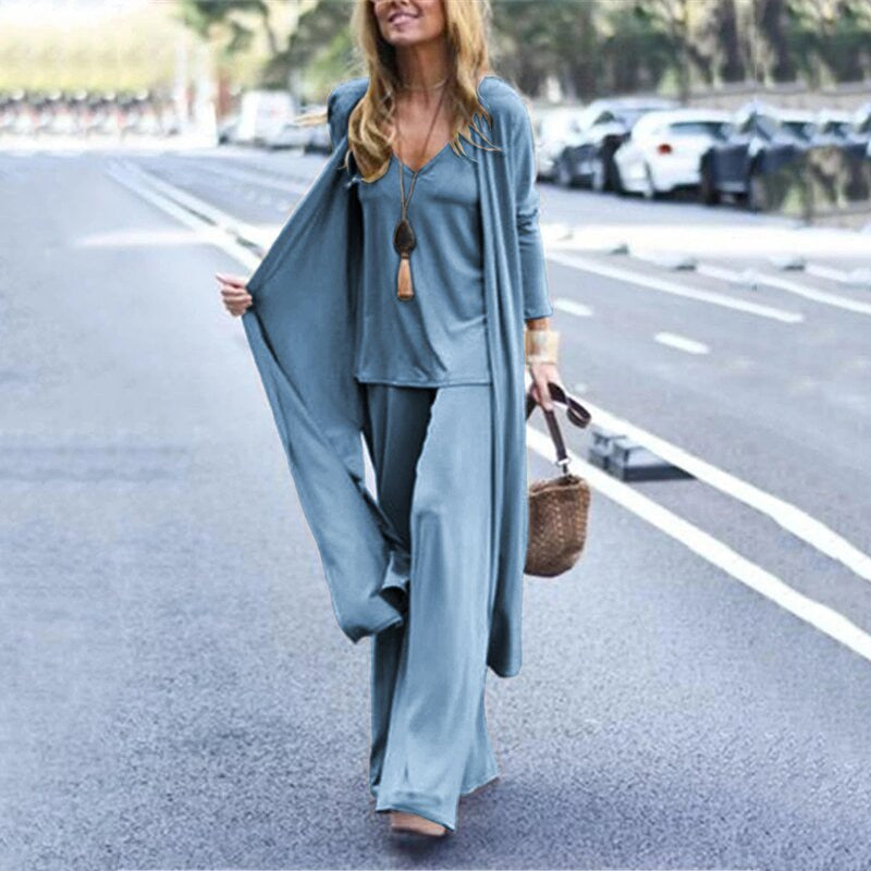 Women's 3-Piece Lounge Set | Long Duster Cardigan | Relaxed Wide-Leg Pants Outfit