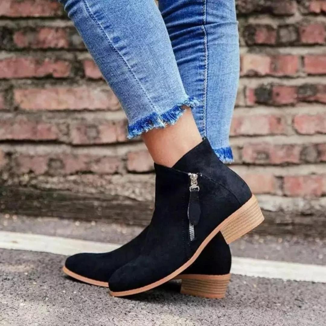 Suede Ankle Booties | Low Block Heel | Side Zip Casual Boots
