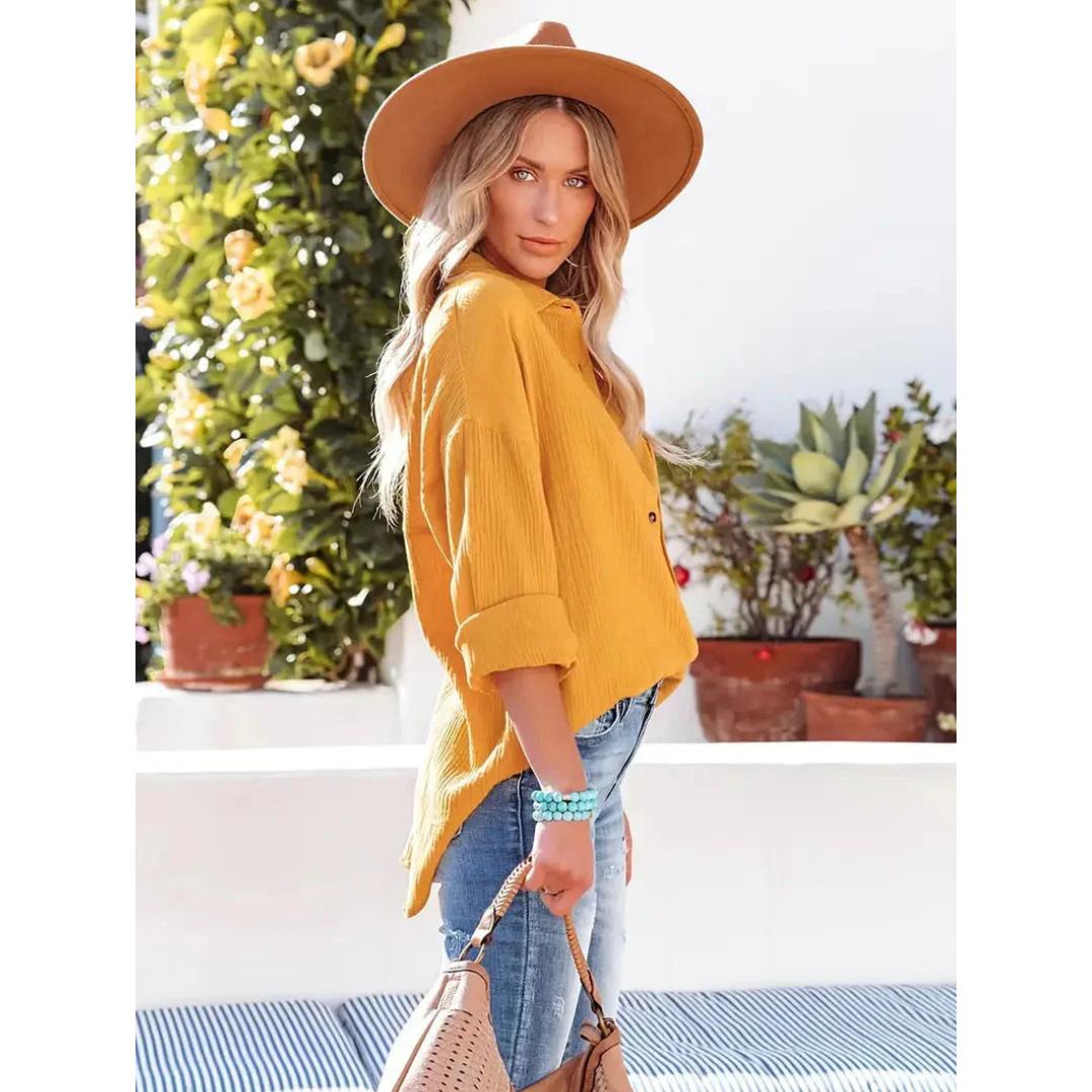 Textured Button-Up Shirt | Relaxed Fit with Chest Pocket | Lightweight Casual Blouse