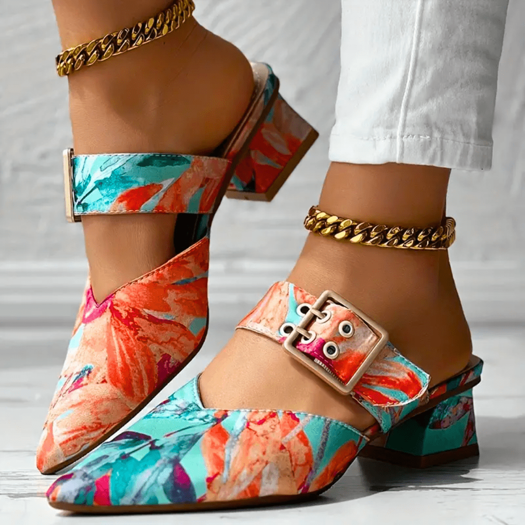 Pointed Buckle Strap Shoes | Bold Block Heel with Vibrant Floral Print