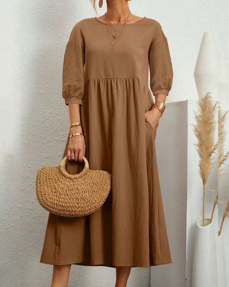 Cotton Blend Midi Dress | 3/4 Sleeve | Relaxed Waist with Pockets