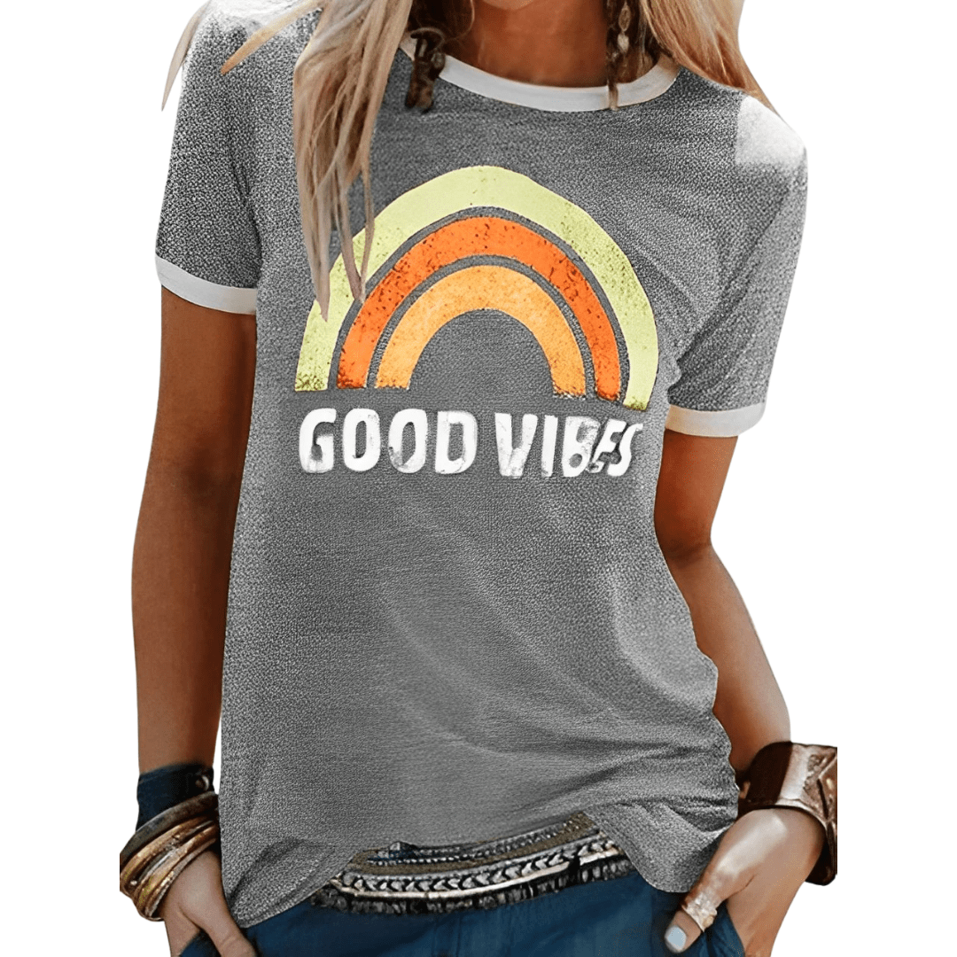 "Good Vibes" Graphic Tee | Retro Rainbow Print | Contrast Trim Detail