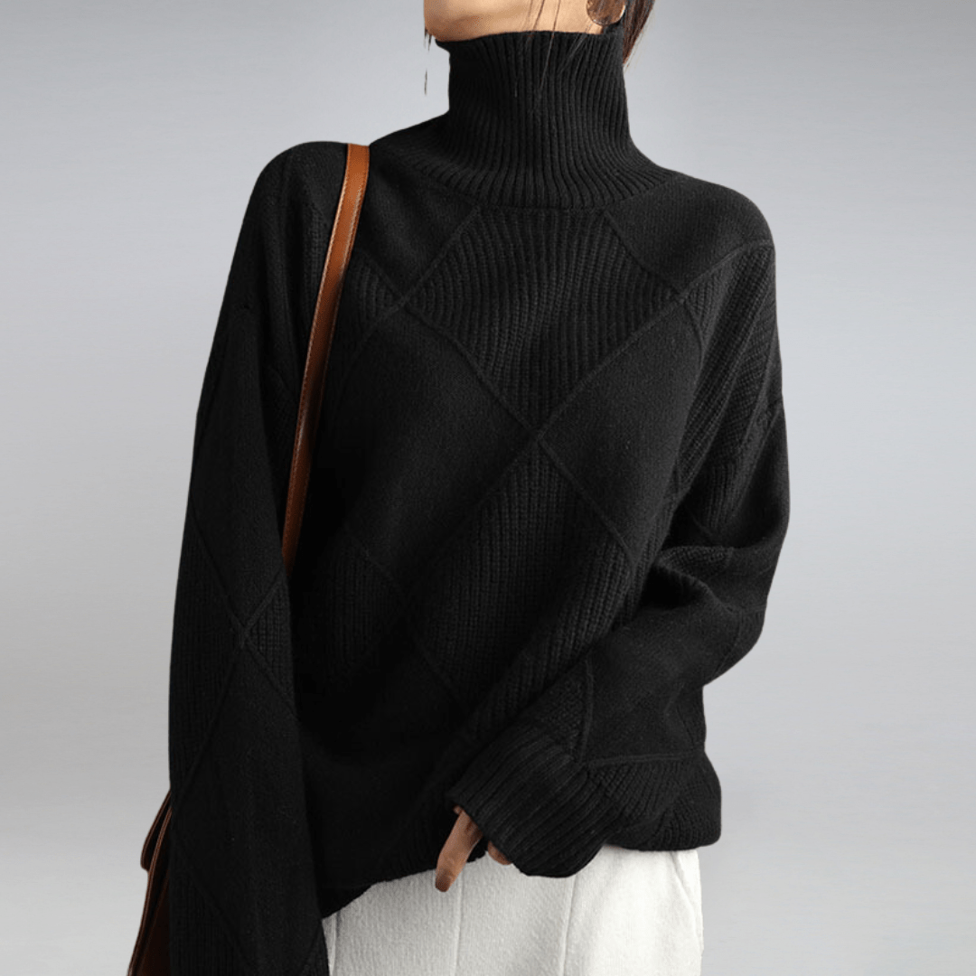 Diamond Knit Sweater | Ribbed Mock Neck & Oversized Drop Shoulder Fit