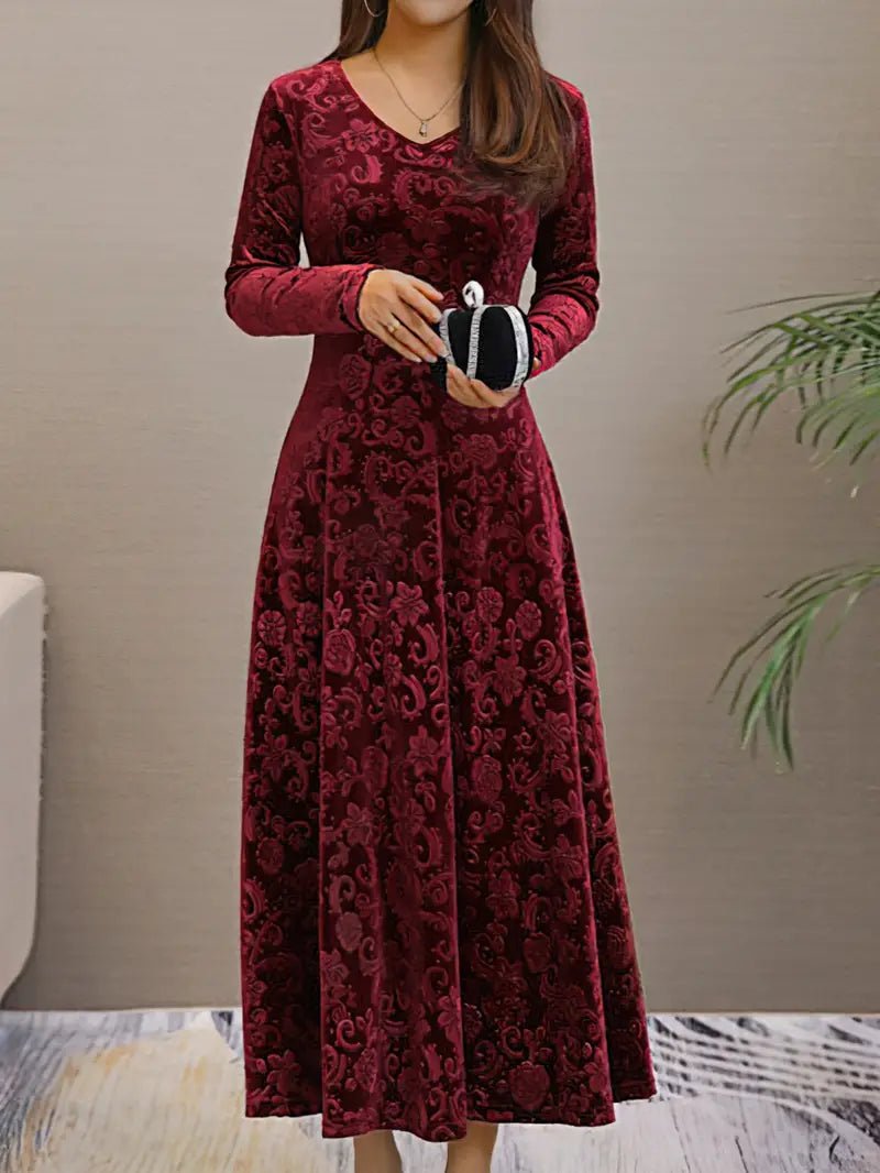 Velvet A-Line Evening Dress | Long Sleeve | Embossed Pattern