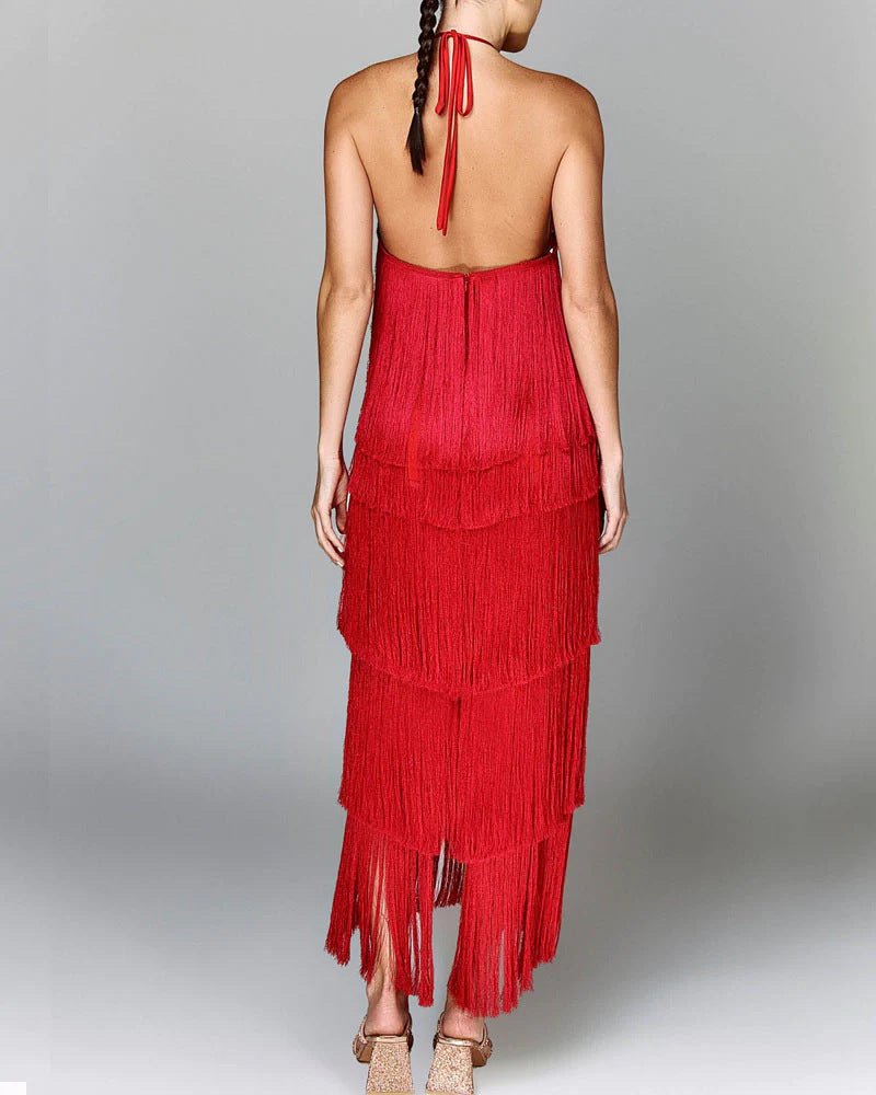 Fringe Halter Maxi Dress | Glamorous Statement Piece | Multicolour