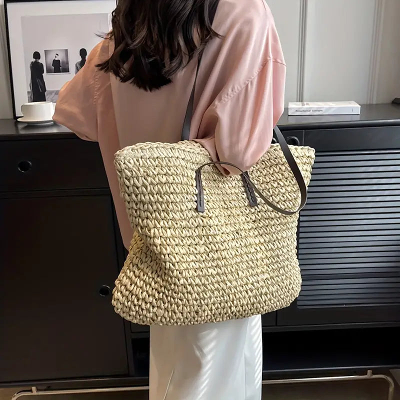 Woven Straw Tote Bag | Oversized Beach Shoulder Bag | Casual Summer Carryall
