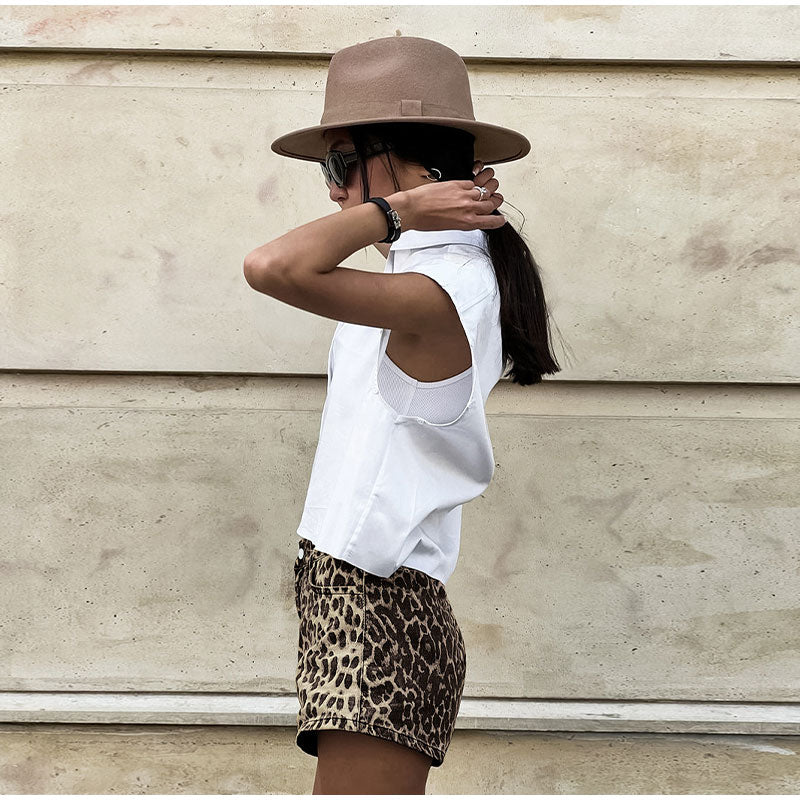 High-Waisted Denim Shorts | Leopard Print with Rolled Hem