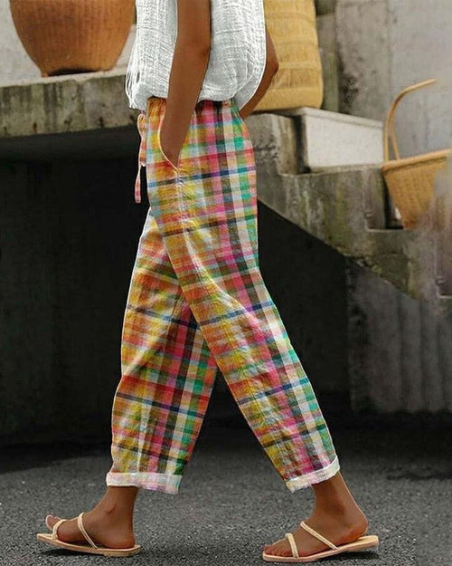 Relaxed Fit Plaid Linen Pants | Lightweight Drawstring Waist | Casual Tapered Leg