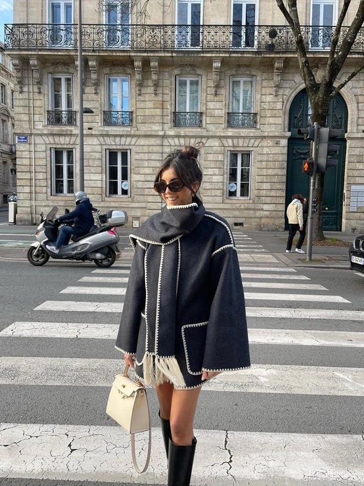 Draped Wool-Blend Coat with Scarf Detail | Oversized Fit | Fringe Hem | Modern Elegance