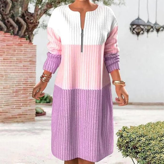Colourblock Ribbed Knit Sweater Dress | Long Sleeve | Zip Neckline