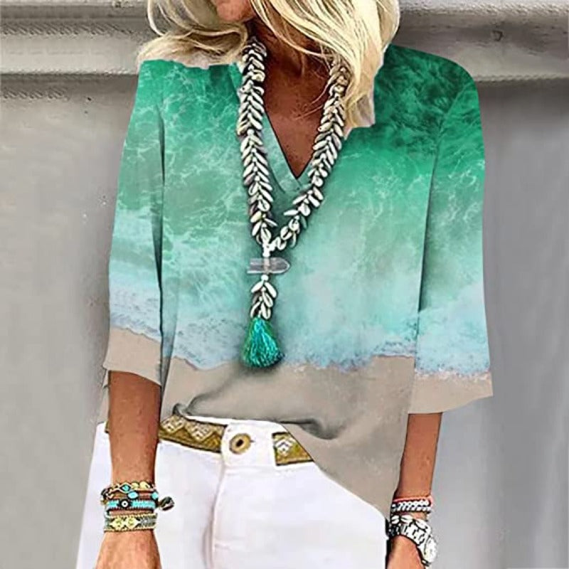 V-Neck Beach Print Blouse | 3/4 Sleeve Relaxed Fit | Lightweight Everyday Style