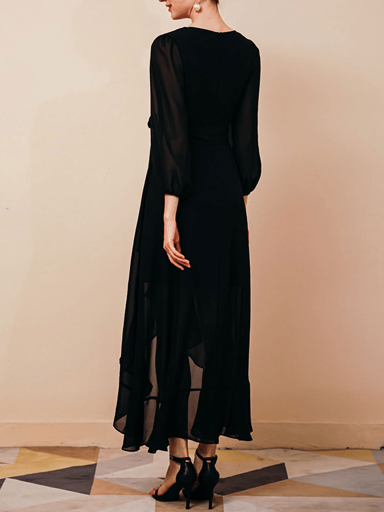 Elegant V-Neck Chiffon Dress | High-Low Hem | Flowy & Feminine | Evening Wear