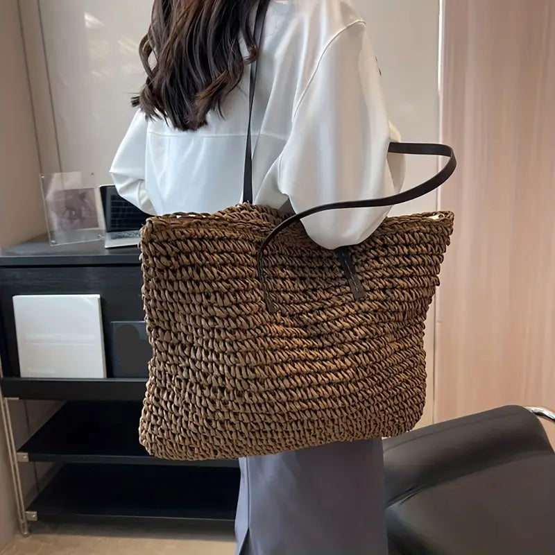 Woven Straw Tote Bag | Oversized Beach Shoulder Bag | Casual Summer Carryall