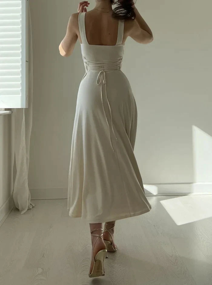 Square Neck Sleeveless Midi Dress | Fitted Bodice Flared Hem | Elegant Summer Occasion Look