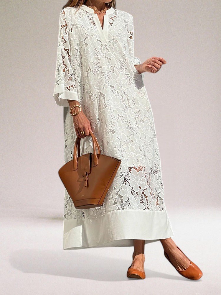 Embroidered Lace Maxi Dress | V-Neckline | Relaxed A-Line Silhouette