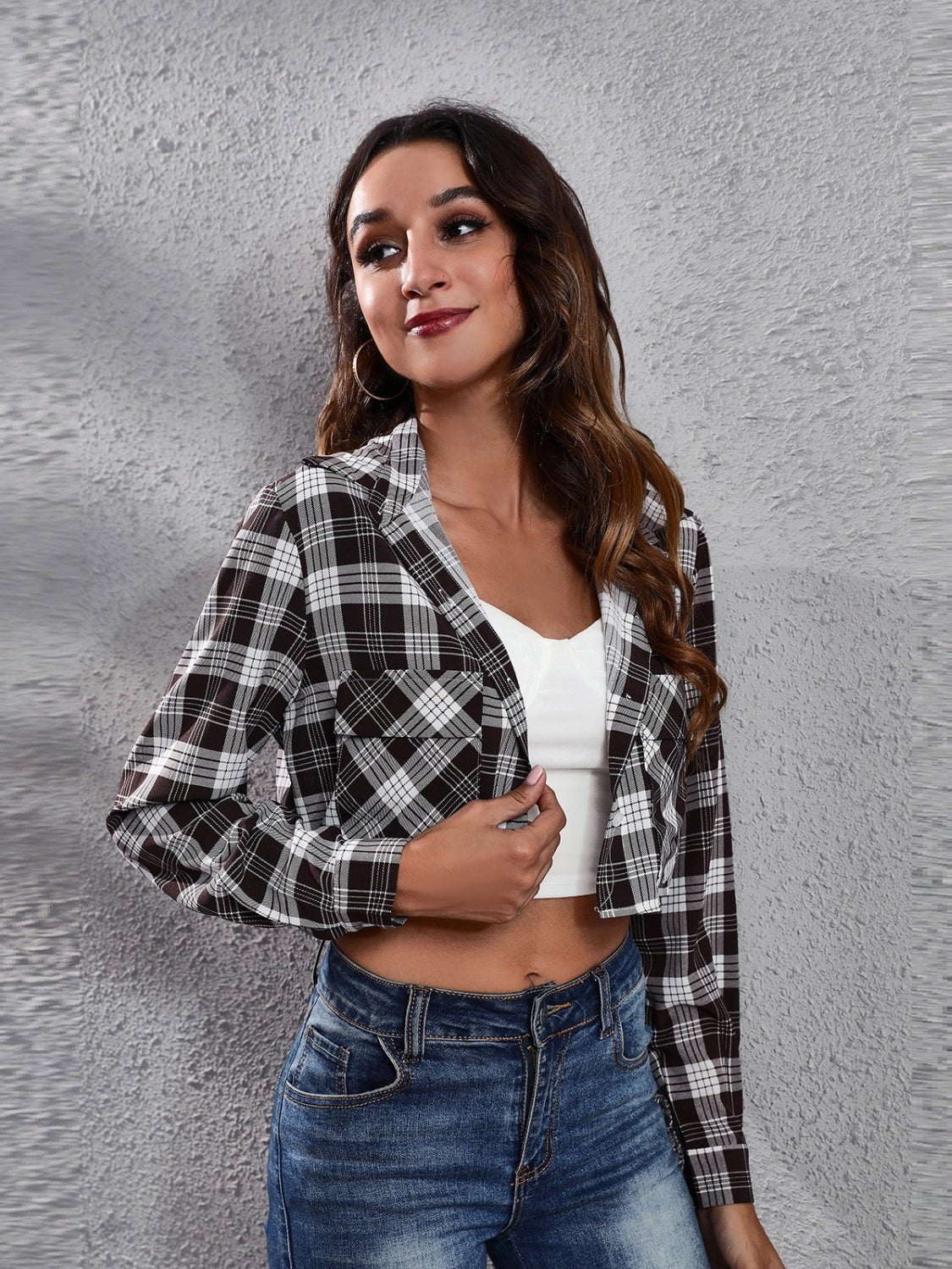 Cropped Plaid Shacket | Button-Down Design | Soft Polyester Blend | Trendy Casual Layer