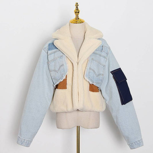 Colourblock Denim Jacket with Sherpa Lining | Cropped Fit | Winter Casual Style
