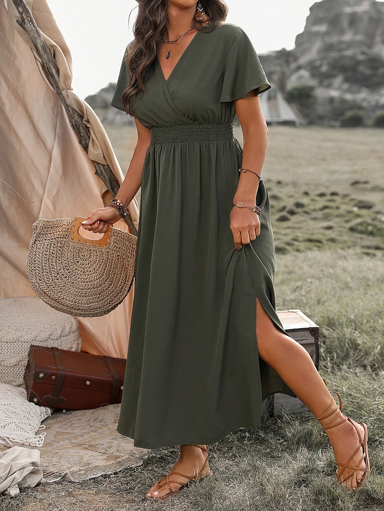 Flutter Sleeve Maxi Dress | Smocked Waist | Side Slit Boho Style