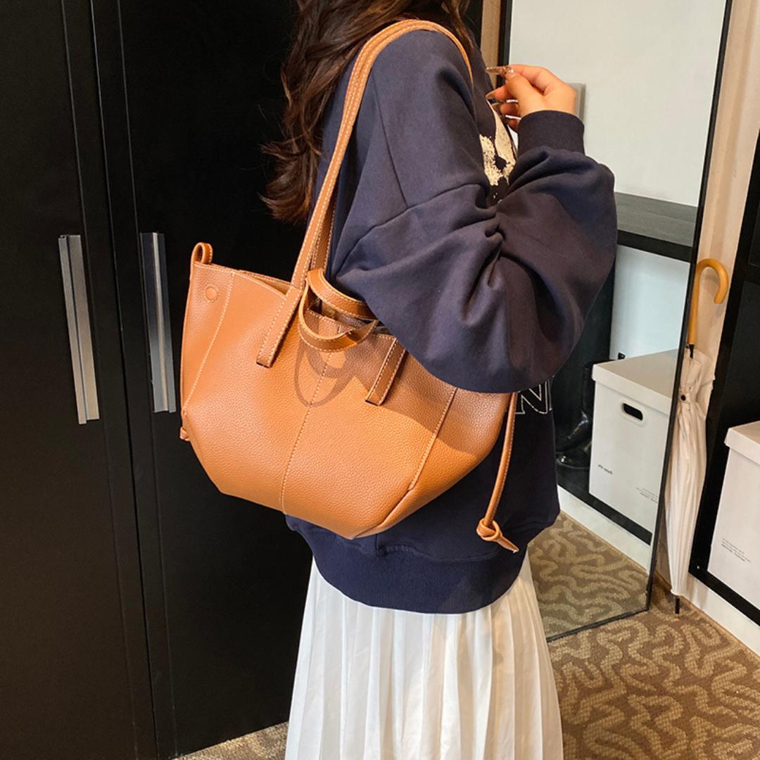 Curved Tote Bag | Dual Handle & Drawstring Detail | Structured PU Leather