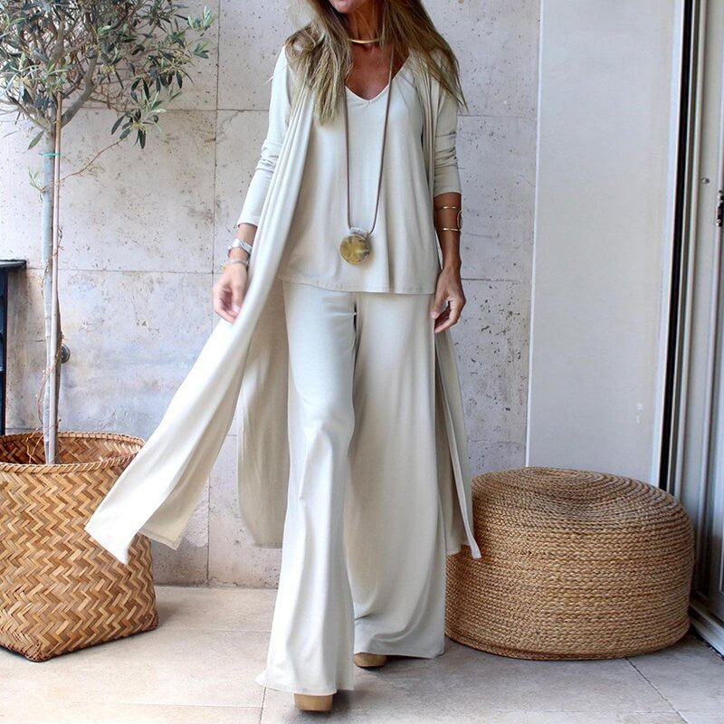 Women's 3-Piece Lounge Set | Long Duster Cardigan | Relaxed Wide-Leg Pants Outfit