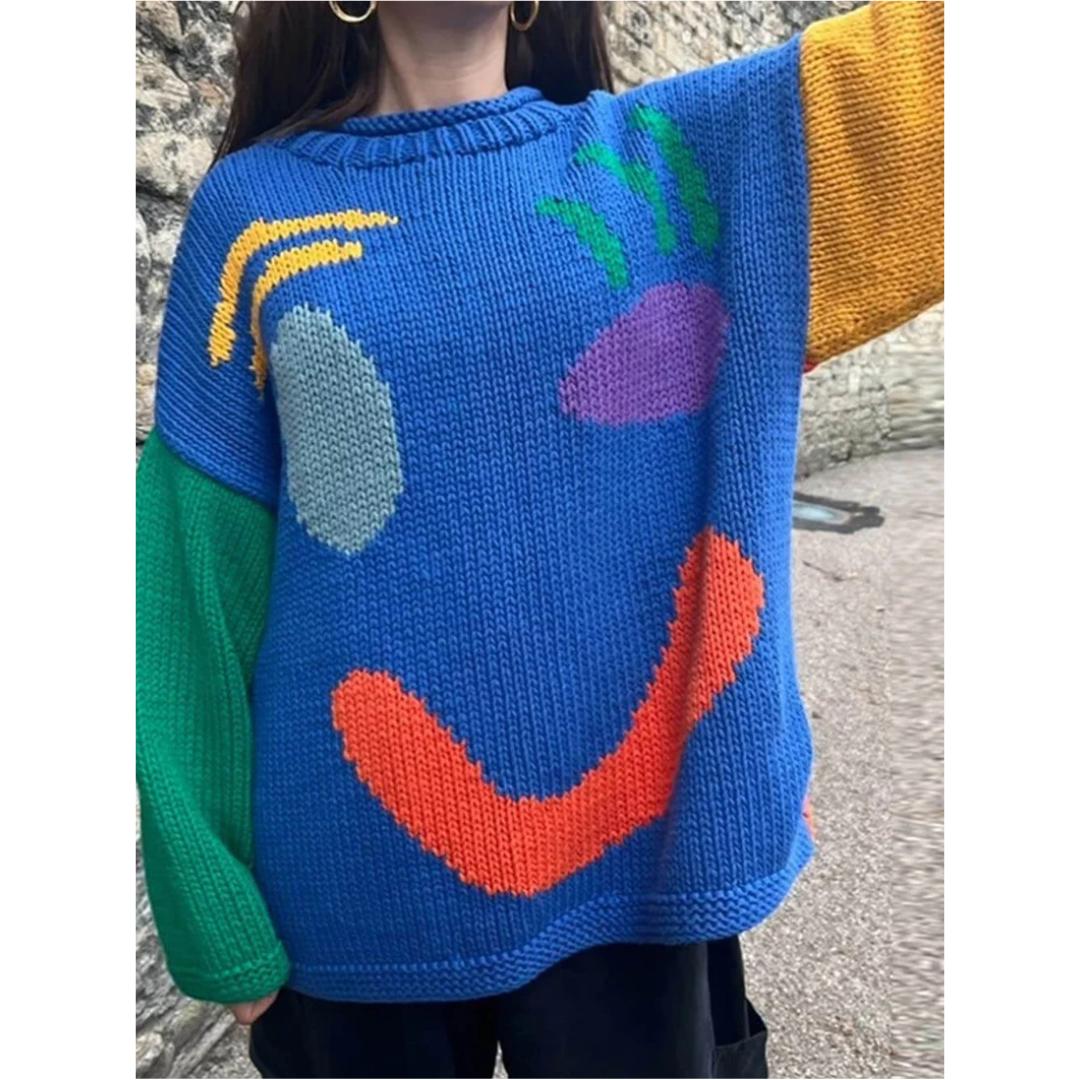 Oversized Knit Sweater | Abstract Face Embroidery | Art-Inspired Statement Pullover