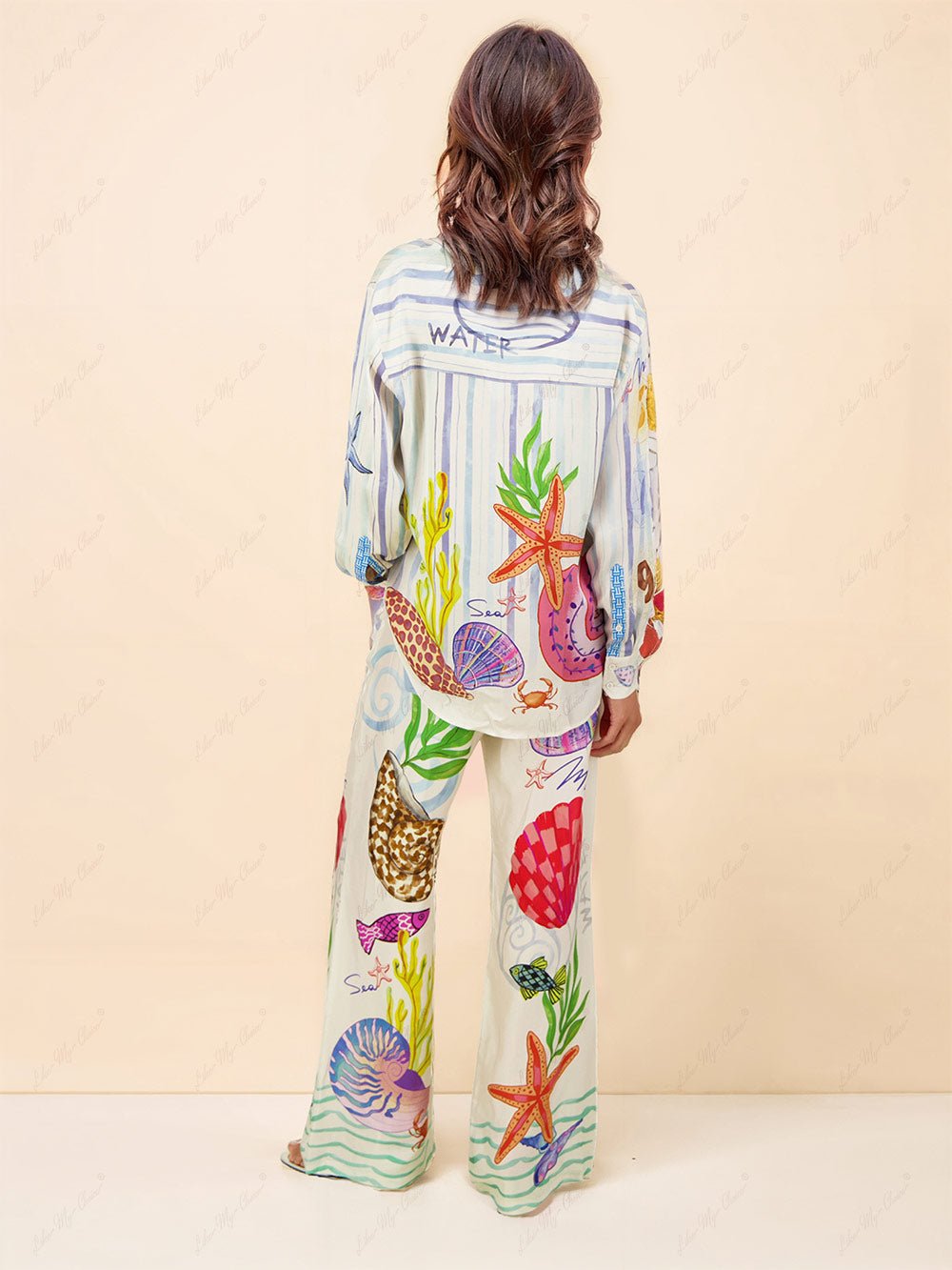 Ocean-Inspired Print Shirt & Wide-Leg Trousers Set | Vibrant Two-Piece Outfit