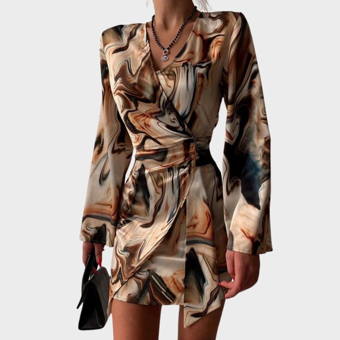Satin Wrap Dress | Abstract Print with Long Sleeves & Side Tie | Elegant Evening Silhouette