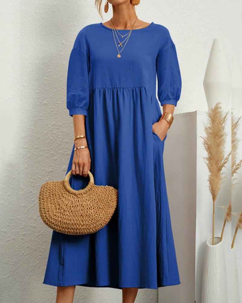 Cotton Blend Midi Dress | 3/4 Sleeve | Relaxed Waist with Pockets