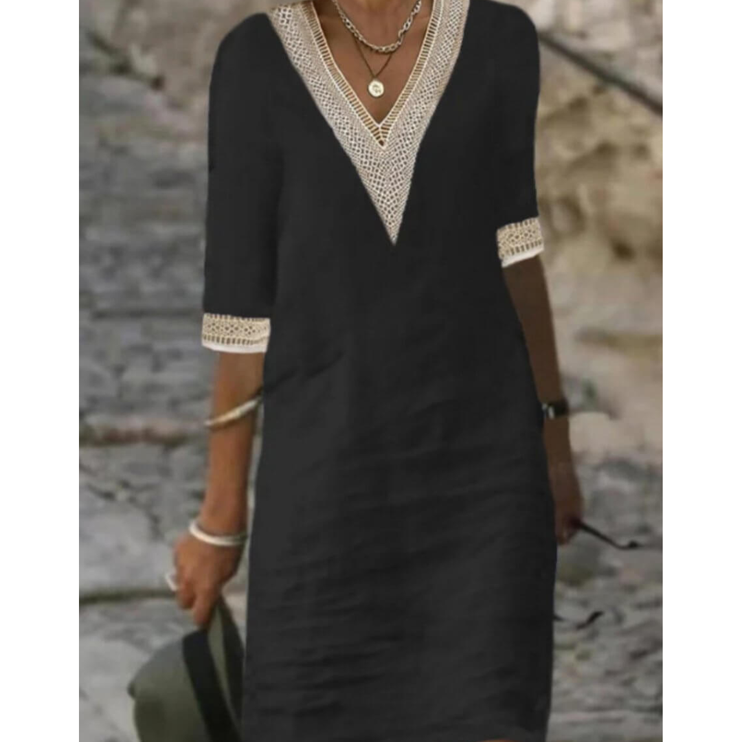 Linen Shift Dress | Embroidered V-Neck & Sleeves | Relaxed Knee-Length Fit