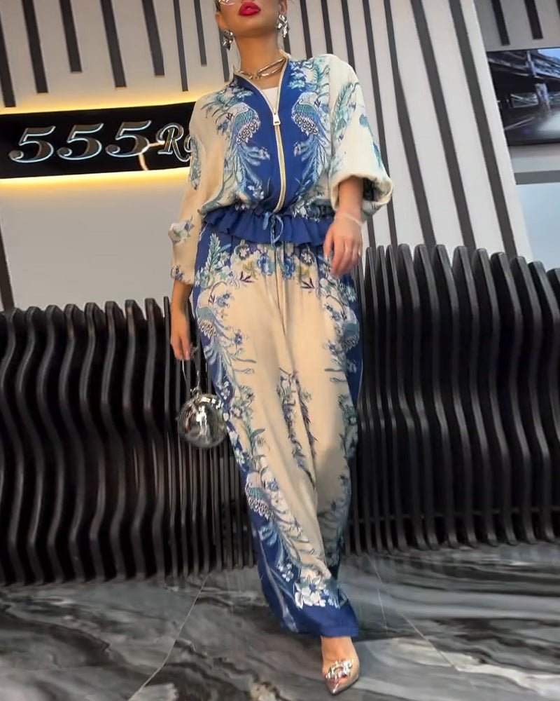 Women's Satin Matching Set | Relaxed Fit Printed Blouse and Pants | Lightweight Two-Piece