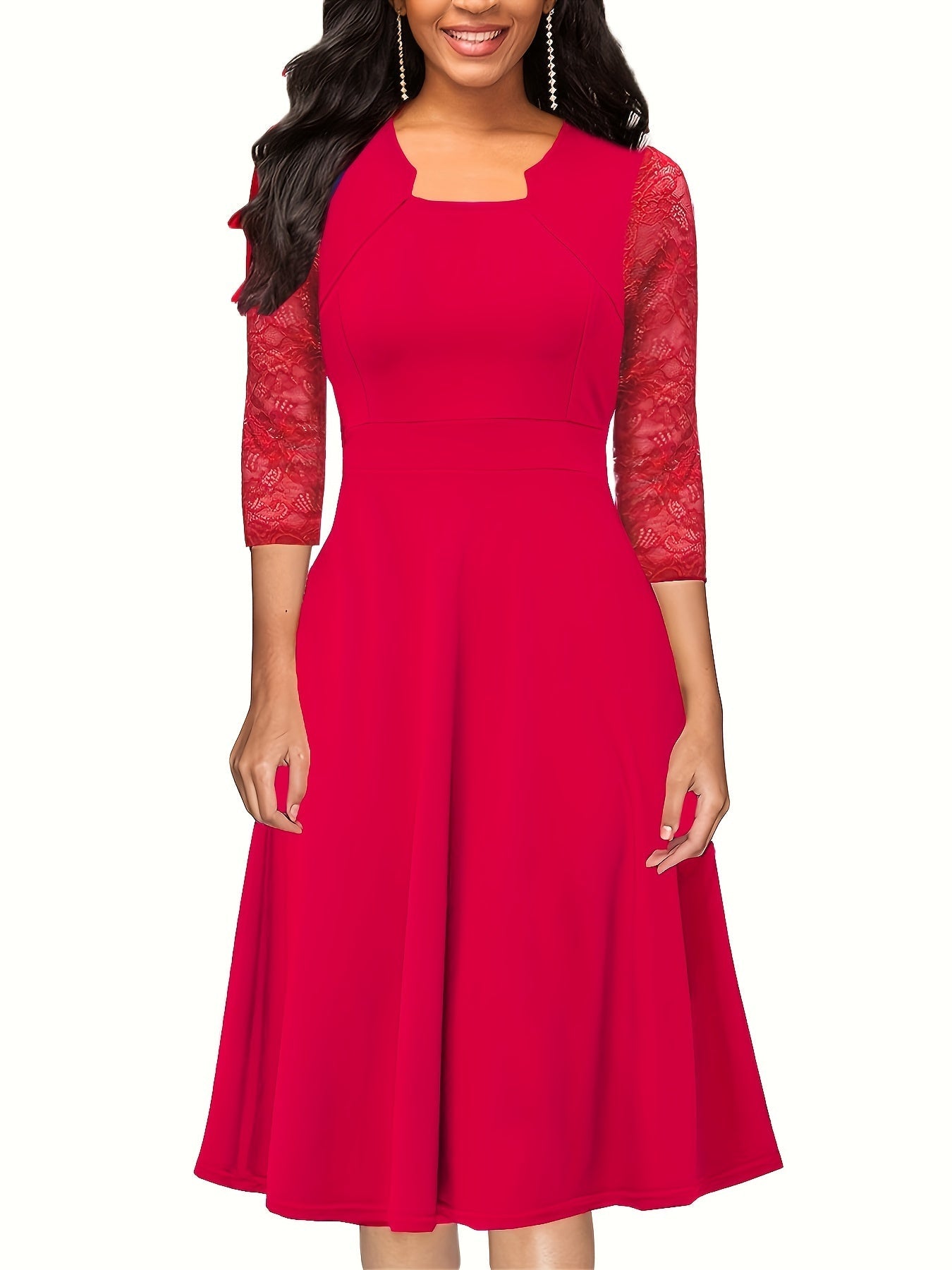 Elegant A-Line Dress | Sheer Lace Sleeves | Knee-Length | Versatile Occasion Wear