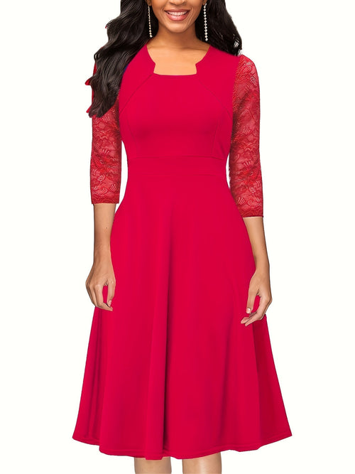 Elegant A-Line Dress | Sheer Lace Sleeves | Knee-Length | Versatile Occasion Wear