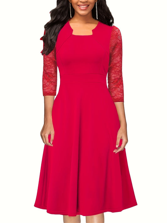 Elegant A-Line Dress | Sheer Lace Sleeves | Knee-Length | Versatile Occasion Wear