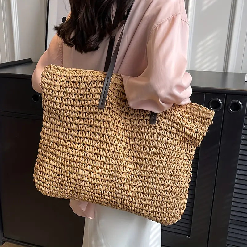 Woven Straw Tote Bag | Oversized Beach Shoulder Bag | Casual Summer Carryall