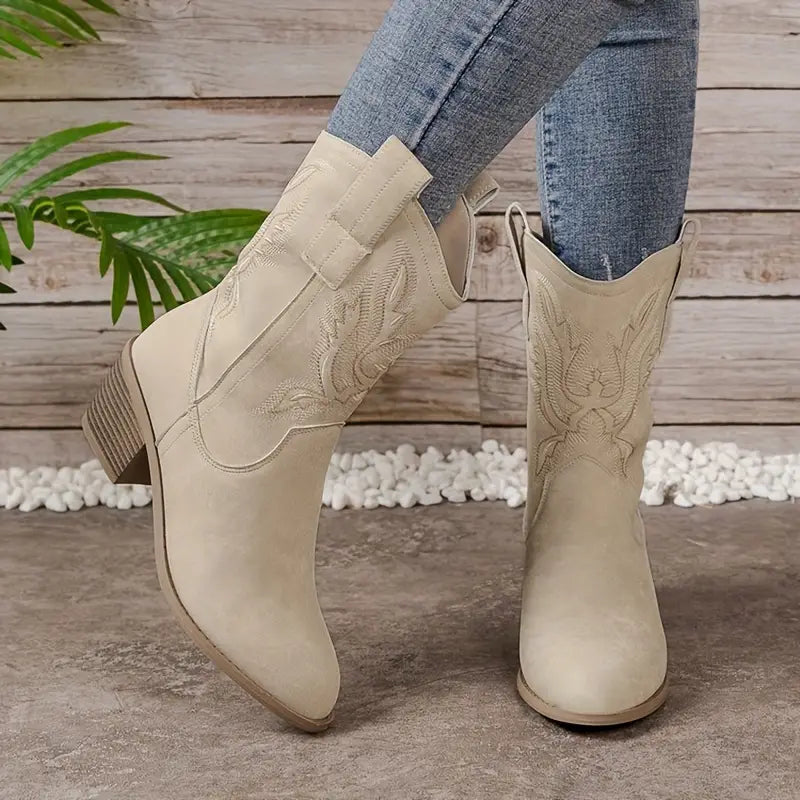 Women's Western Cowboy Boots | Embroidered Faux Suede | Mid-Calf Pull-On Boots