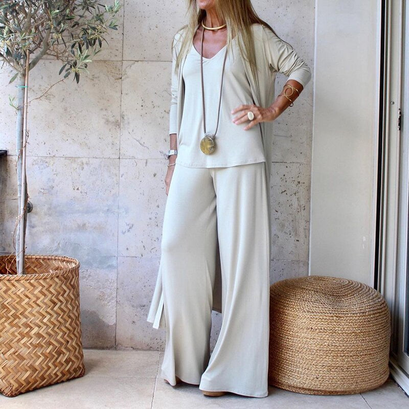 Women's 3-Piece Lounge Set | Long Duster Cardigan | Relaxed Wide-Leg Pants Outfit