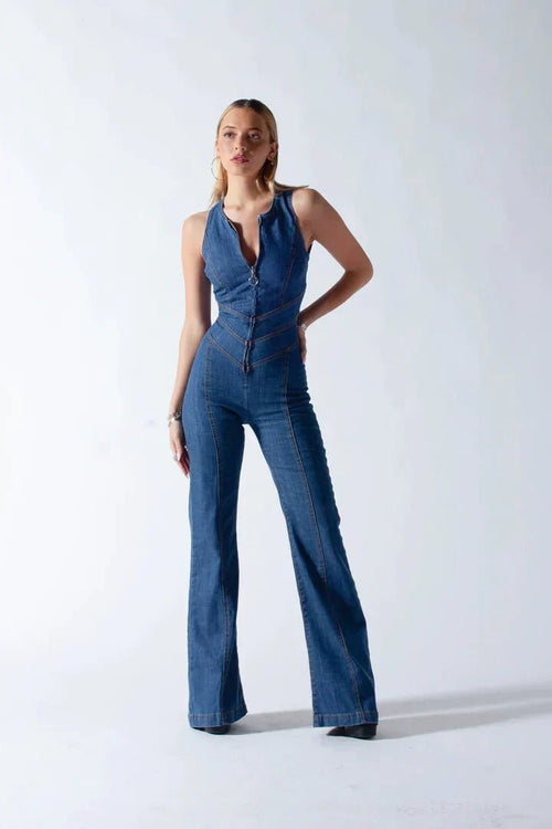 Sleeveless Denim Jumpsuit | Zip Front | Curve-Hugging Fit