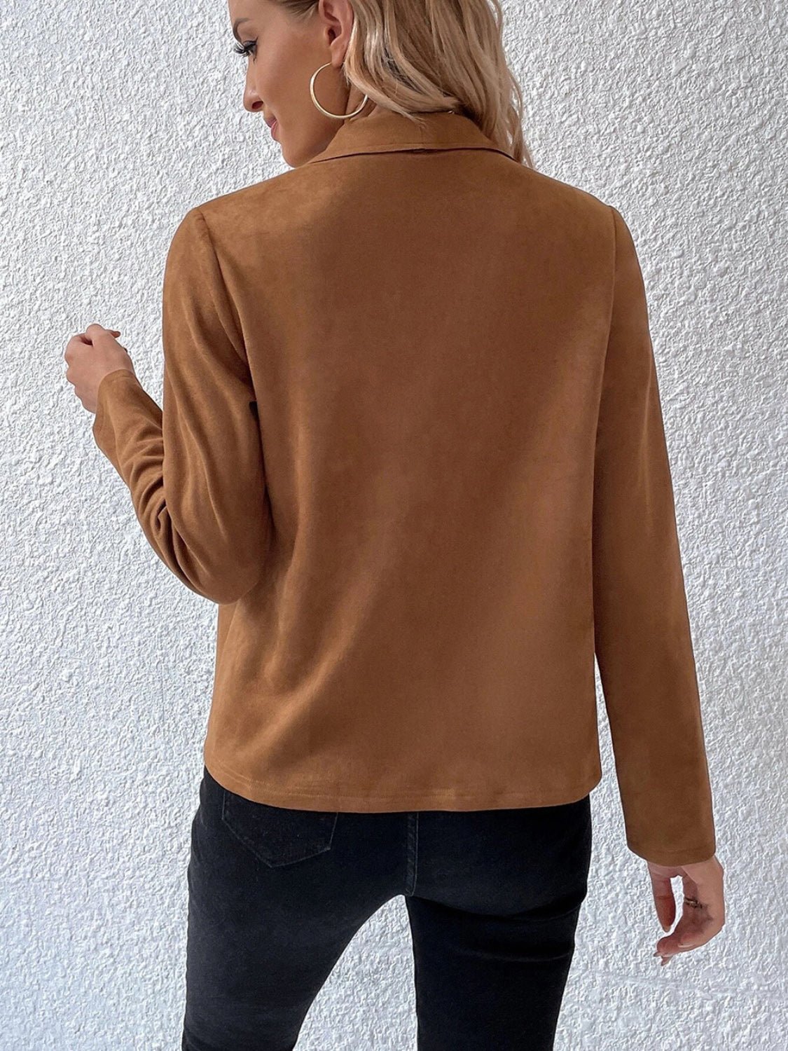 Draped Faux Suede Jacket | Lightweight & Chic | Open-Front Design | Versatile Layer