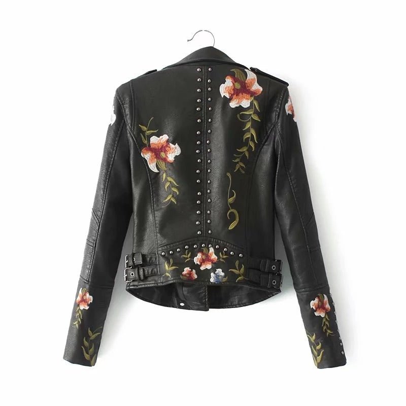 Floral Embroidered Faux Leather Jacket | Studded Details | Bold Moto Style | Versatile Outerwear