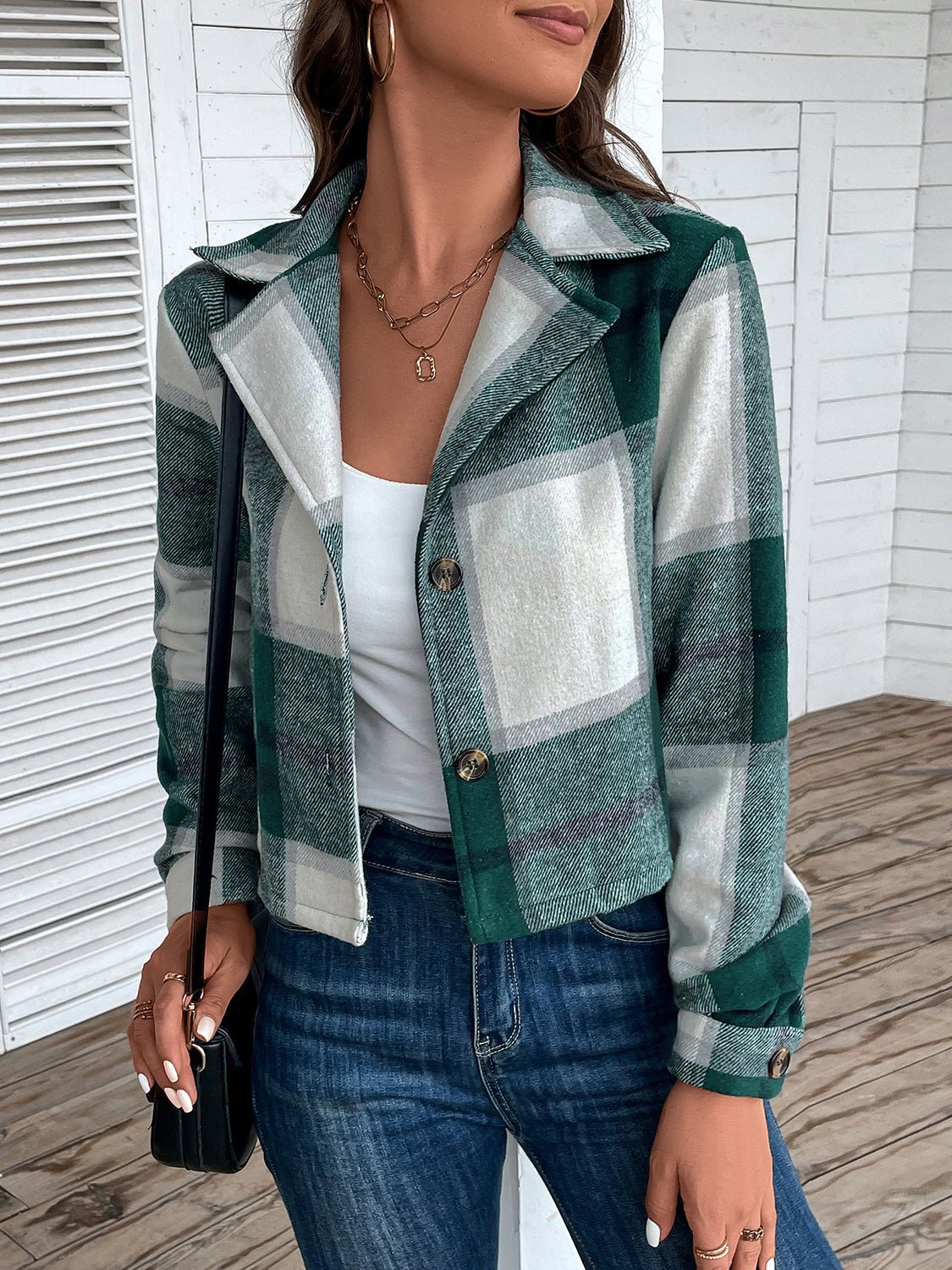 Cropped Plaid Button-Up Jacket | Classic Pattern | Lightweight Polyester Blend | Casual Chic Layer