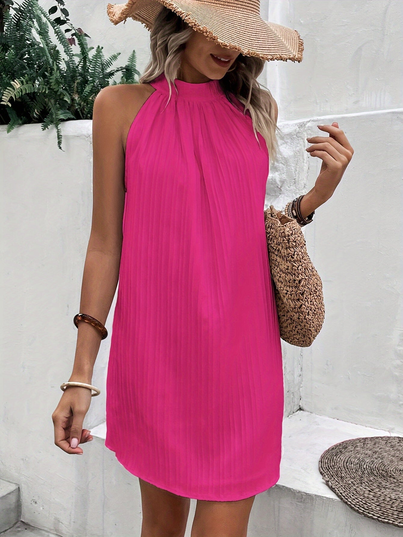 Pleated Halter Mini Dress | Lightweight Draped Fabric | Relaxed Summer Fit