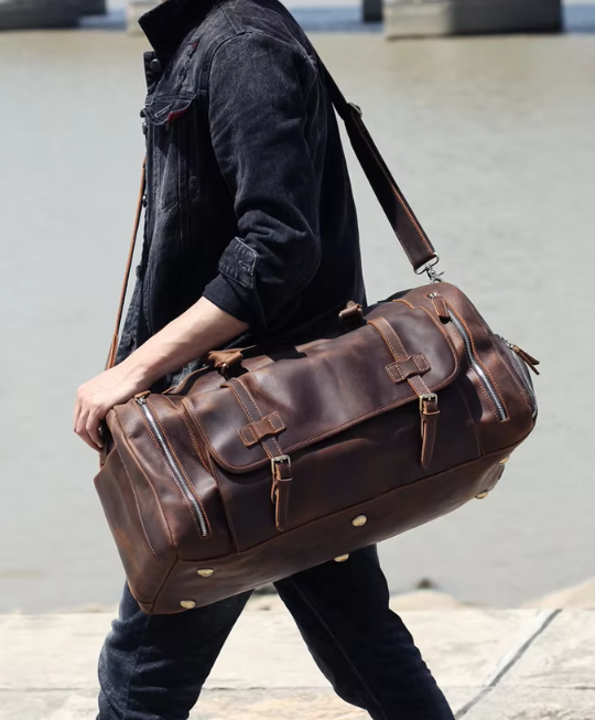 Men’s Leather Duffle Bag | Travel Weekender with Shoulder Strap
