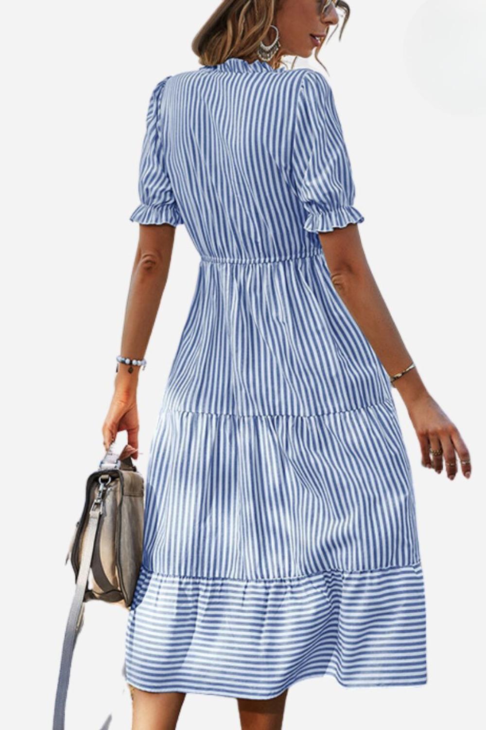 Striped Boho Midi Dress | Tassel Tie Neckline | Short Puff Sleeves