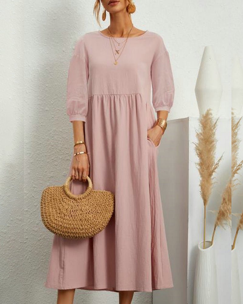 Cotton Blend Midi Dress | 3/4 Sleeve | Relaxed Waist with Pockets