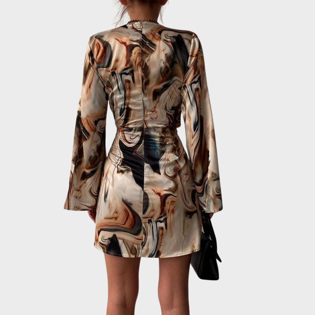 Satin Wrap Dress | Abstract Print with Long Sleeves & Side Tie | Elegant Evening Silhouette
